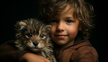 un pequeño niño sonriente, abrazando un linda perrito generado por ai foto