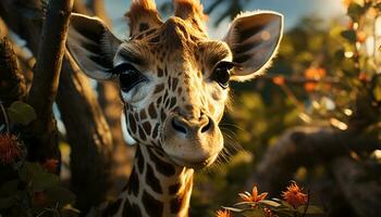 Giraffe, majestic mammal, standing tall in African wilderness generated by AI photo