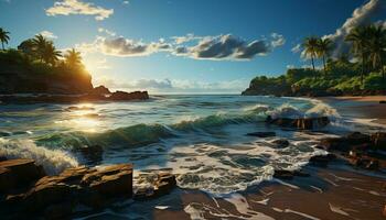 Sunset over the tranquil coastline, waves crash on sandy shores generated by AI photo