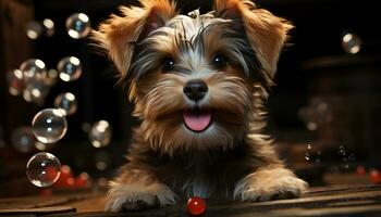 Cute small terrier puppy playing with toy outdoors generated by AI photo