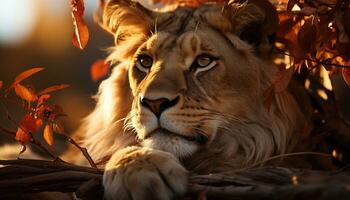 Majestic lion hiding in the wilderness, looking away generated by AI photo
