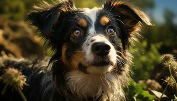 Cute puppy sitting outdoors, looking at camera with loyalty generated by AI photo