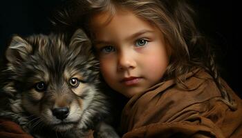 Cute small dog looking at camera, child embracing puppy generated by AI photo