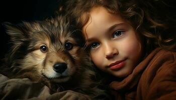 Smiling child embraces cute puppy, pure joy and innocence generated by AI photo