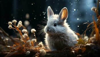 Cute fluffy rabbit sitting in grass, looking at flower generated by AI photo