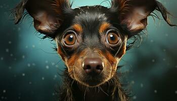 Cute puppy, wet fur, playful, looking at camera generated by AI photo