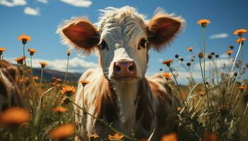 Cute cow grazing in green meadow, enjoying summer outdoors generated by AI photo