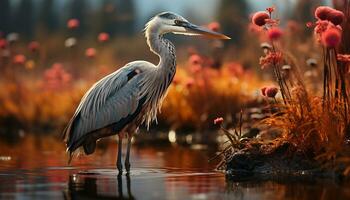 Egret perching on branch, reflecting in tranquil pond generated by AI photo