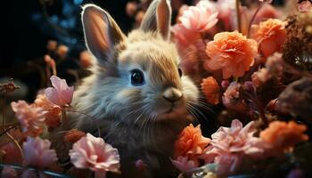 Fluffy baby rabbit sitting on grass, surrounded by flowers generated by AI photo