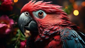 Vibrant macaw perched on branch, beauty in nature generated by AI photo