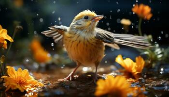 A cute yellow bird perching on a green branch generated by AI photo