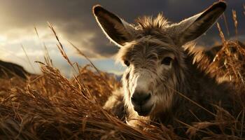 Cute donkey grazing on meadow, mountain sunset in background generated by AI photo
