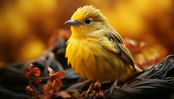 un linda amarillo pájaro encaramado en un rama generado por ai foto