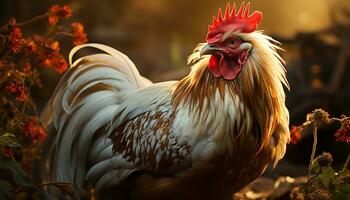 Majestic rooster standing in meadow, looking at camera generated by AI photo