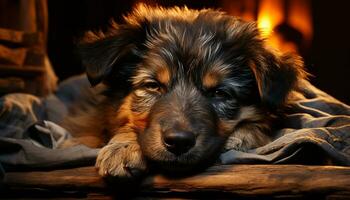 Cute puppy sitting outdoors, looking at camera with alertness generated by AI photo