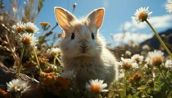 Fluffy baby rabbit sitting on green grass, enjoying summer generated by AI photo