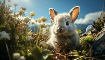 Fluffy baby rabbit sitting in green grass, looking cute generated by AI photo