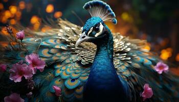 A vibrant peacock displays its majestic beauty in nature generated by AI photo