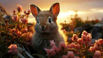mullido bebé Conejo sentado en césped, disfrutando naturaleza belleza generado por ai foto