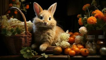 Fluffy baby rabbit sitting in a small wooden basket generated by AI photo