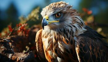 majestuoso pájaro de presa encaramado en rama, mirando orgulloso generado por ai foto