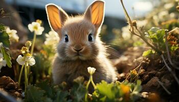 linda pequeño Conejo sentado en césped, mirando a yo generado por ai foto