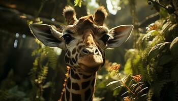 Giraffe looking cute, standing in green meadow, grazing generated by AI photo