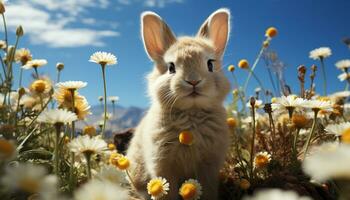 Cute fluffy baby rabbit sitting on green grass generated by AI photo