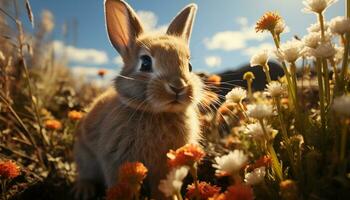 Cute rabbit sitting in grass, enjoying nature beauty generated by AI photo