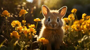 Fluffy baby rabbit sits in meadow, surrounded by flowers generated by AI photo