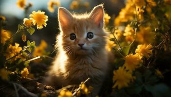 Cute kitten sitting in grass, playful and curious generated by AI photo