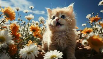 Cute kitten sitting in grass, playful with chamomile flower generated by AI photo