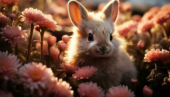 Fluffy baby rabbit sitting in grass, cute and small generated by AI photo