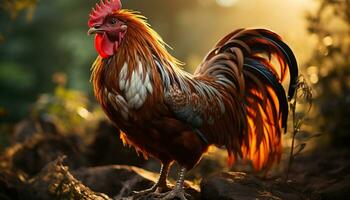 majestuoso gallo en pie en granja, picoteo césped con vitalidad generado por ai foto