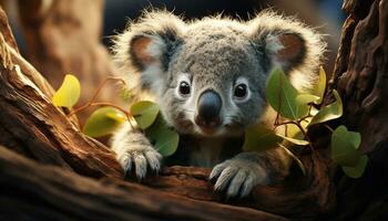 Cute koala sitting on branch, looking at camera generated by AI photo