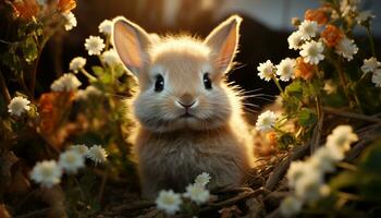 Cute small rabbit sitting on green grass, surrounded by flowers generated by AI photo