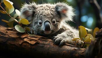 Cute koala sitting on branch, looking at camera generated by AI photo