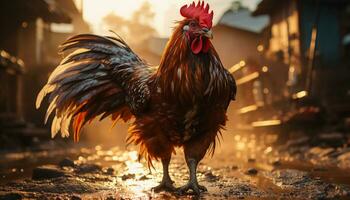 Majestic rooster standing, looking at camera, symbolizing freedom generated by AI photo