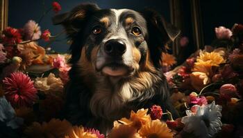 Cute puppy sitting, looking at camera, surrounded by flowers generated by AI photo