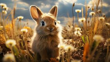 linda bebé Conejo sentado en prado, disfrutando naturaleza generado por ai foto