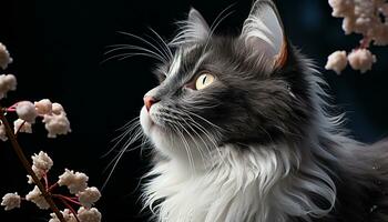 Cute kitten staring, fluffy fur, playful nature, purebred cat generated by AI photo