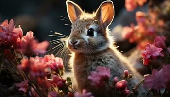 Fluffy baby rabbit sitting in grass, cute and small generated by AI photo