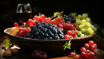 Freshness of nature gourmet ripe grape, wood table, wine generated by AI photo