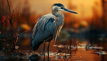 Gray heron standing on branch, fishing in tranquil pond generated by AI photo