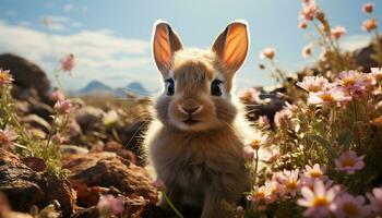 Fluffy baby rabbit sitting in green meadow, enjoying summer generated by AI photo