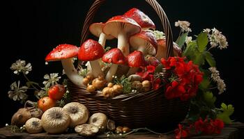 Freshness of autumn edible mushrooms, organic vegetables, healthy eating generated by AI photo