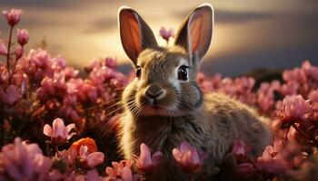 Cute rabbit sits in grass, enjoying nature beauty generated by AI photo