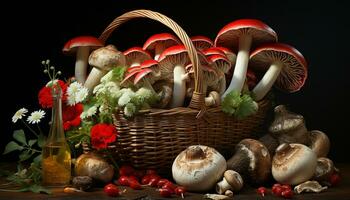 Fresh edible mushrooms in a wicker basket, nature healthy gourmet generated by AI photo