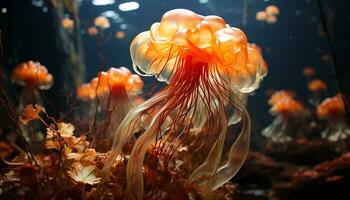 Underwater fish reef, sea life swimming in deep blue generated by AI photo