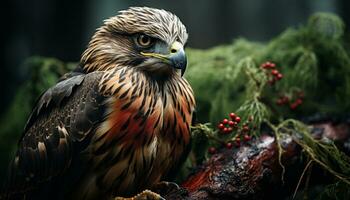 Majestic hawk perching on branch, close up of animal eye generated by AI photo